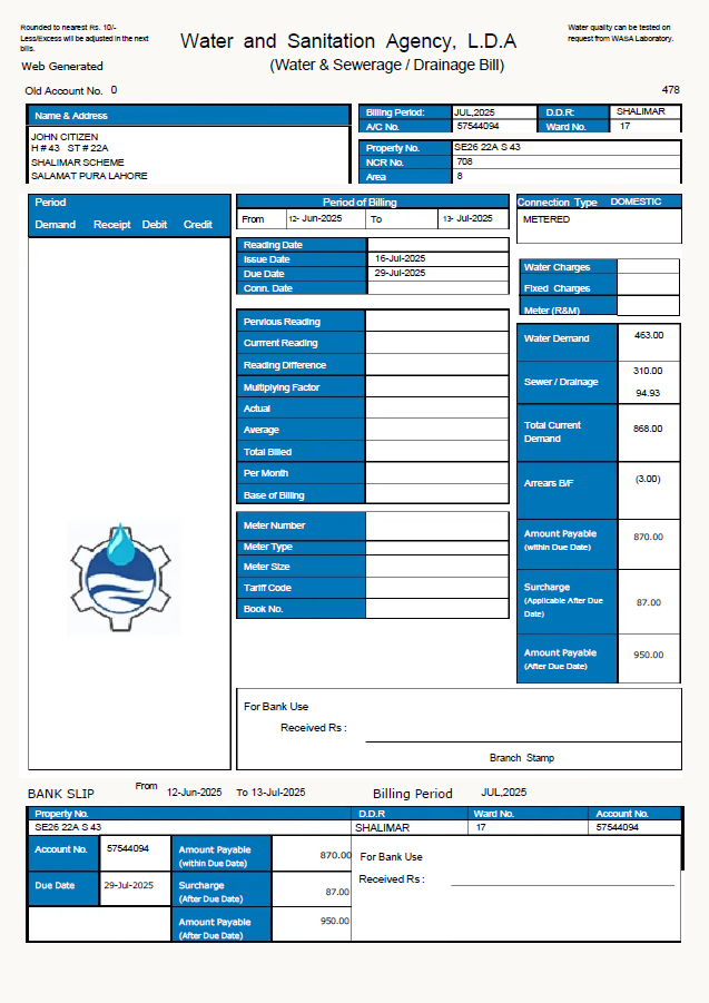 Pakistan WASA utility bill template in Word and PDF formats, version 2